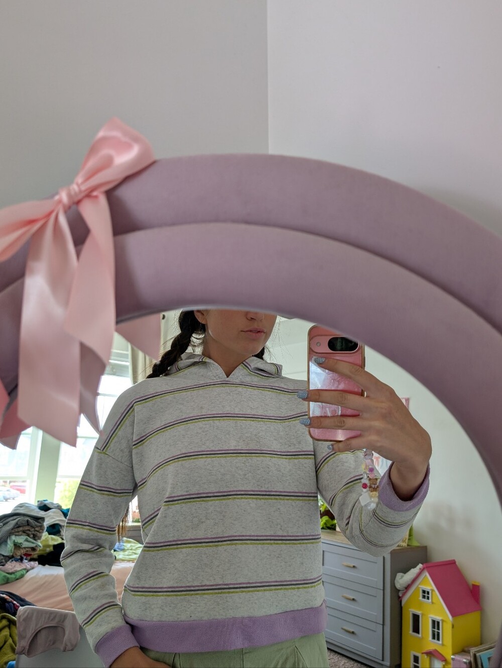 Light Gray Hoodie with Lavender and Olive Stripes Size Medium